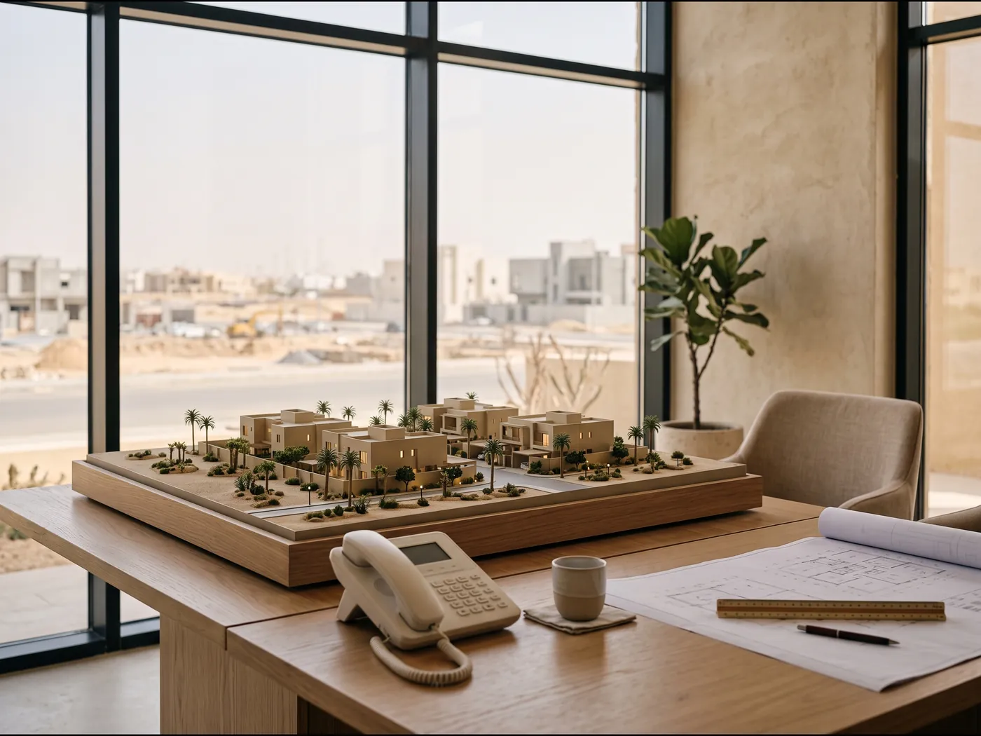 مجسم معماري لمشروع سكني على مكتب، بجانبه هاتف مكتبي ومخططات ونافذة تطل على مساكن قيد الإنشاء.